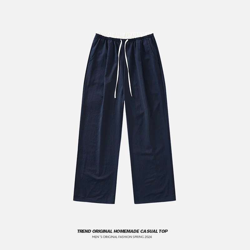 奶油泡泡藏青撞色工装裤女夏季冰丝阔腿运动裤宽松直筒裤