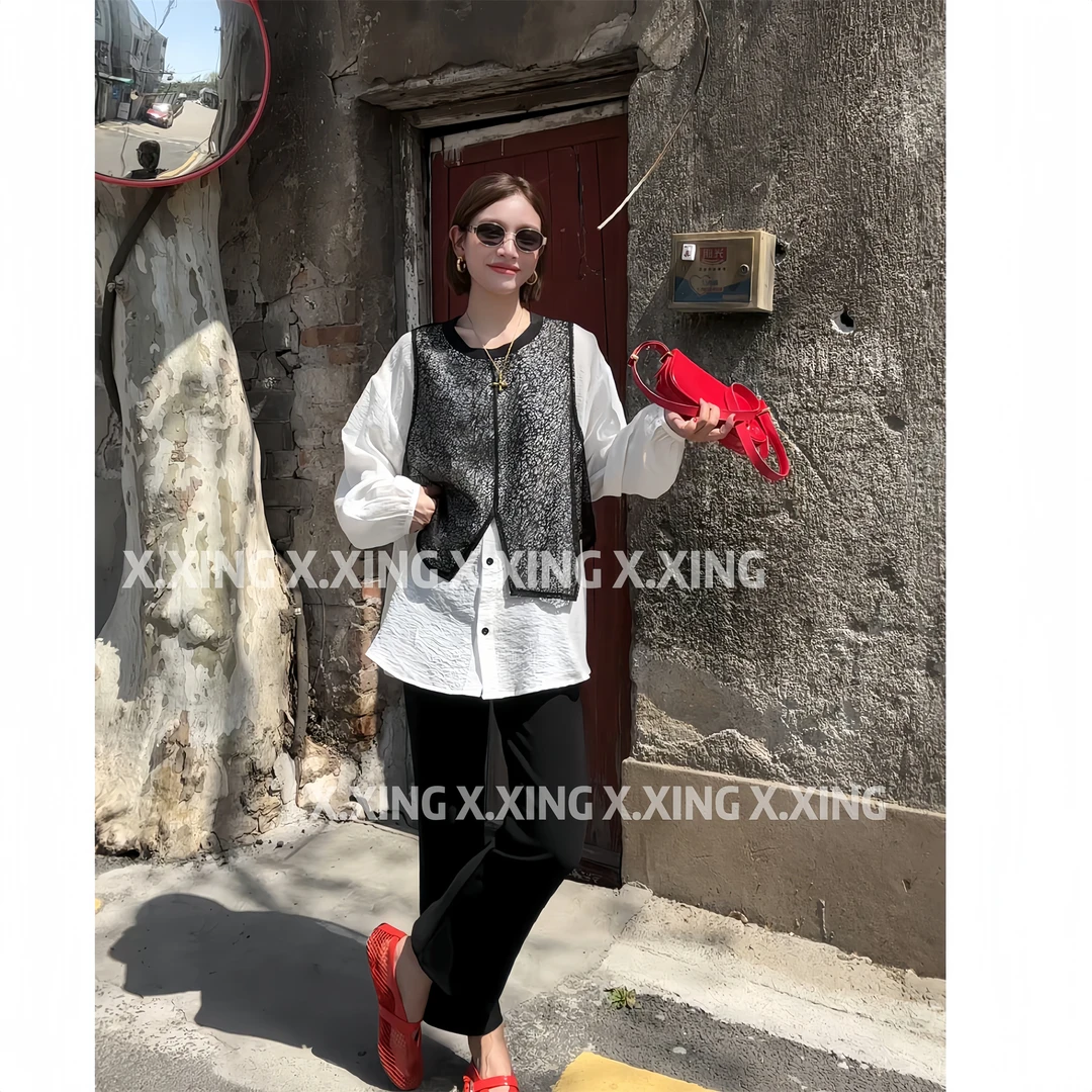 X.x.高级感马甲拼接假两件长袖衬衫女新款式时髦上衣C31-1061