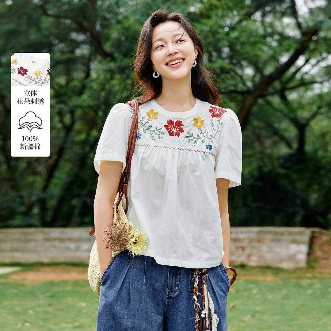 100棉甜美花朵刺绣衬衣2025夏季女装新款淡人穿搭短袖娃娃衫