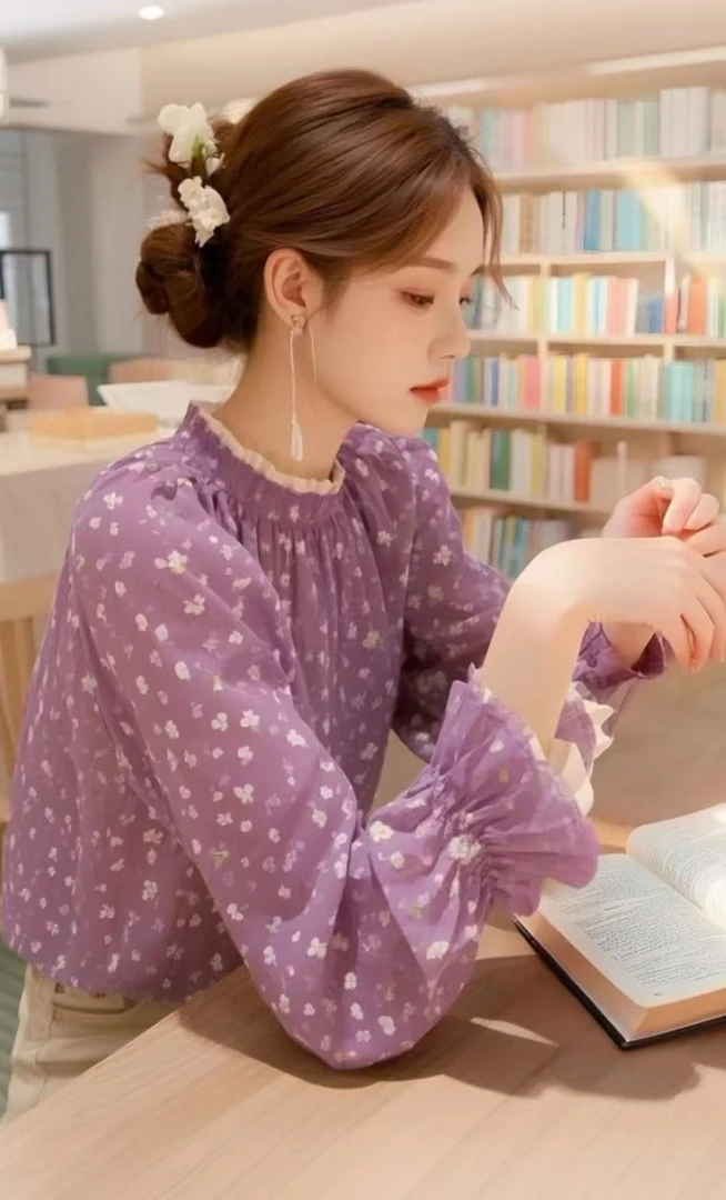 SS937紫色碎花衬衫春新款女装法式多巴胺上衣独特好看蕾丝边小衫