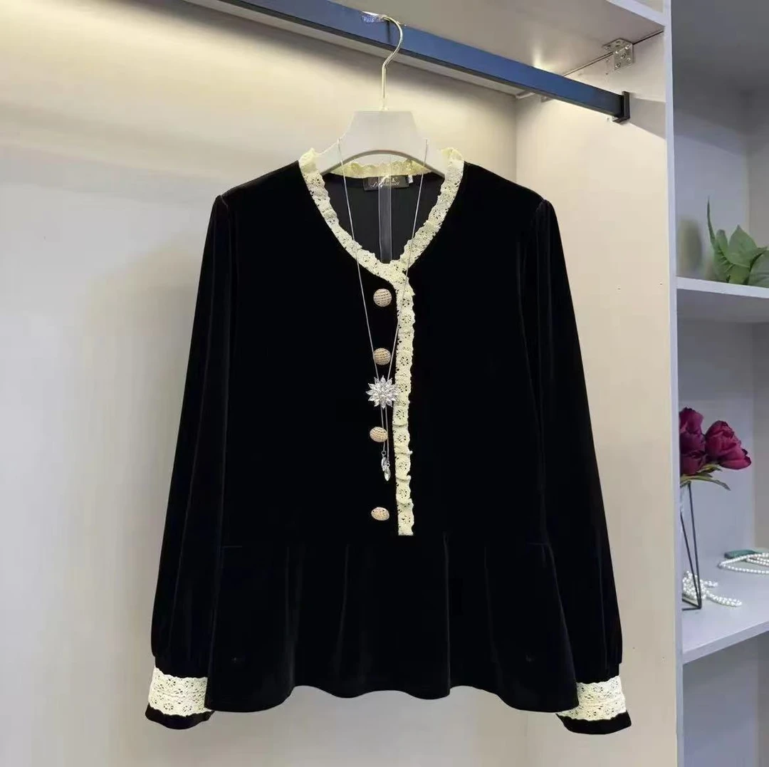春秋季新款高级V领花边金丝绒打底衫女气质百搭显瘦长袖小衫上衣