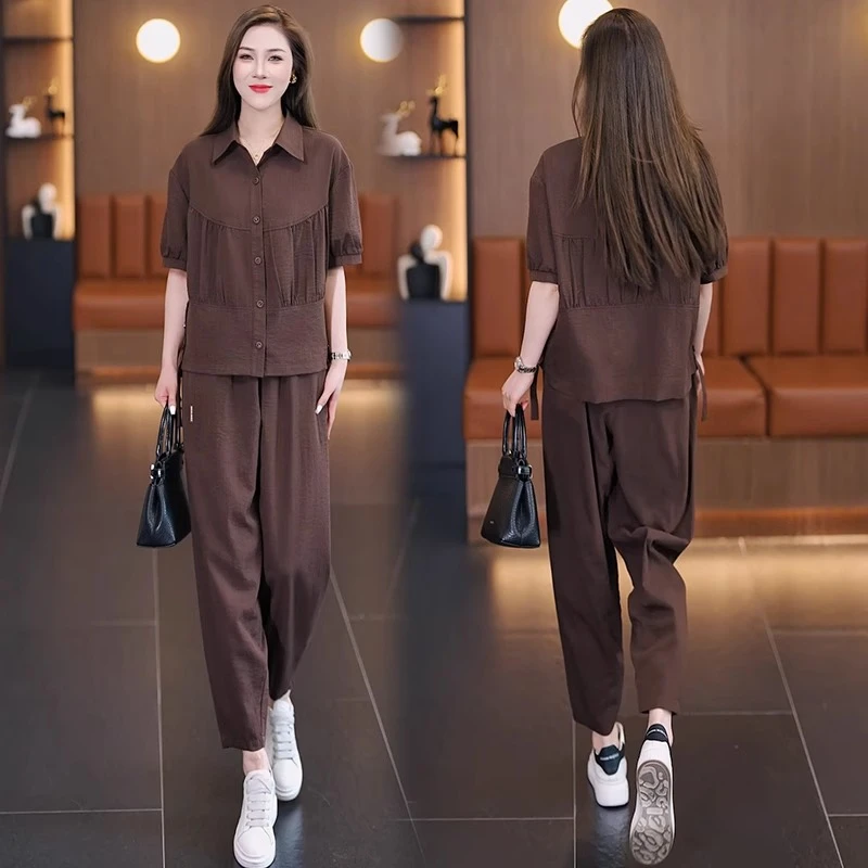 爆款高级感时尚套装女2025夏装大方得体穿搭短袖衬衫哈伦裤两件套