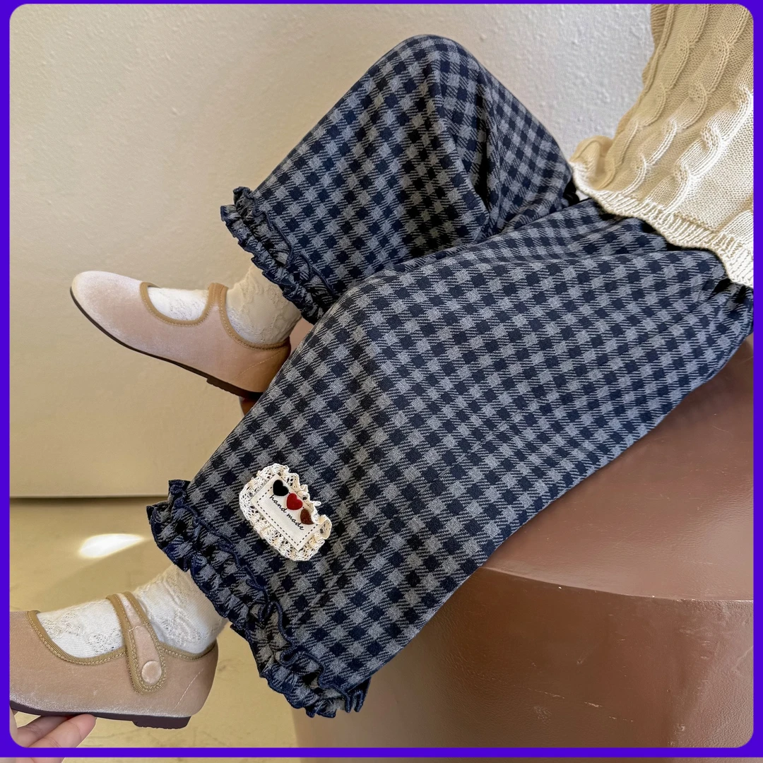 韩系女童裤子春秋新款洋气儿童格子裤秋装小女孩男童加绒格子裤