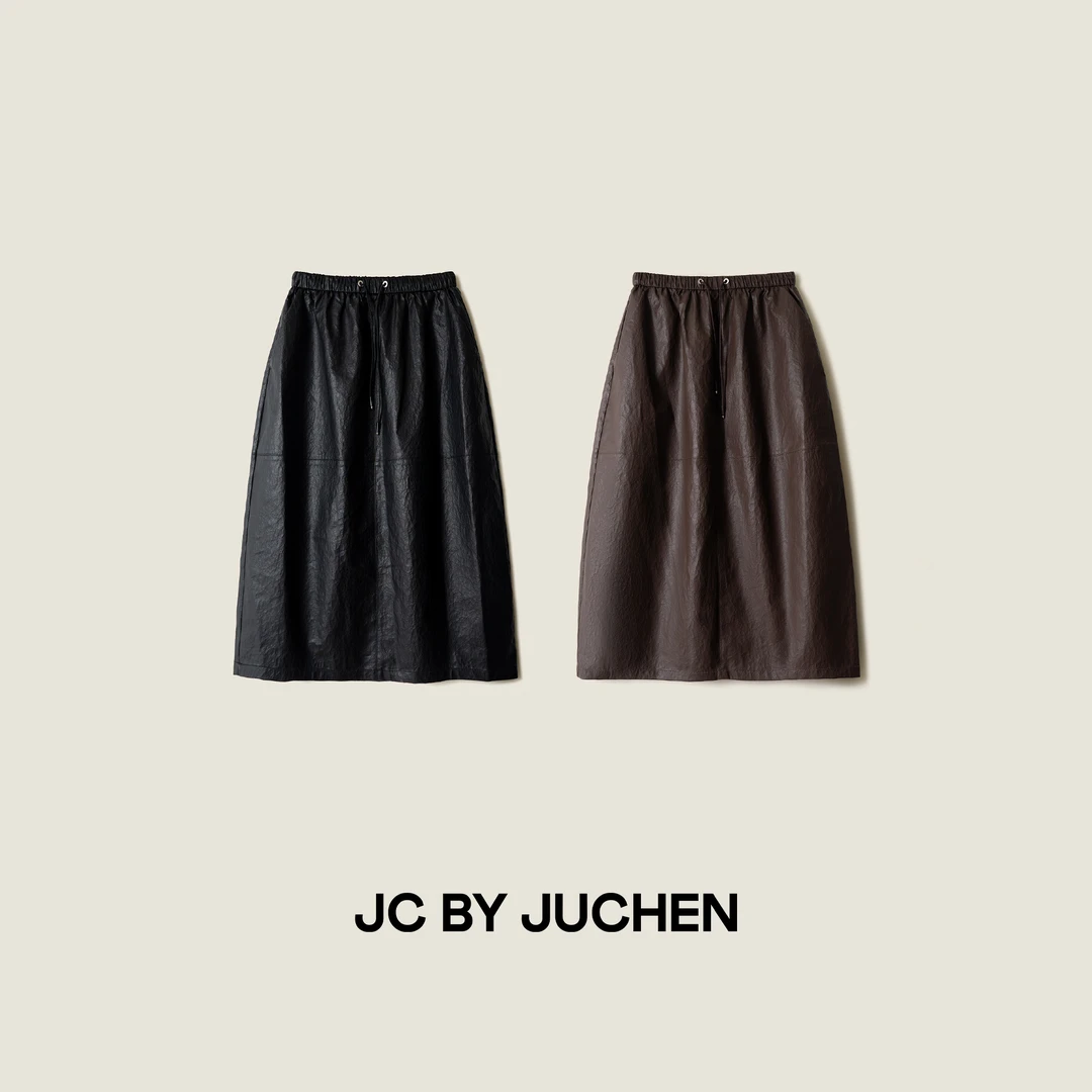 环保温润蛋白皮经典简约茧型解构花苞半身裙FW206001-04