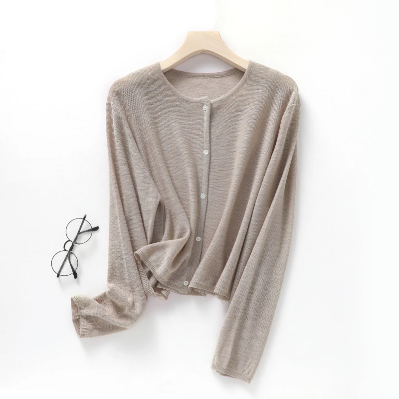 春夏新款竹节麻微透肌理感圆领防晒长袖针织开衫外搭百搭女上衣