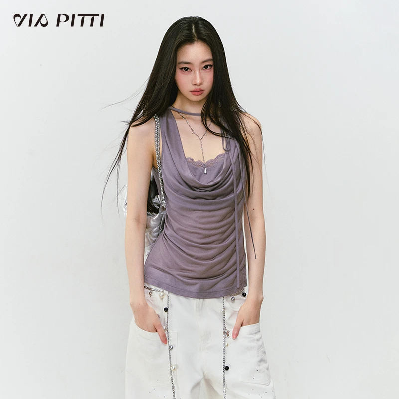 ViaPitti【官方专属】设计感假两件拼接蕾丝荡领背心VIABTP414