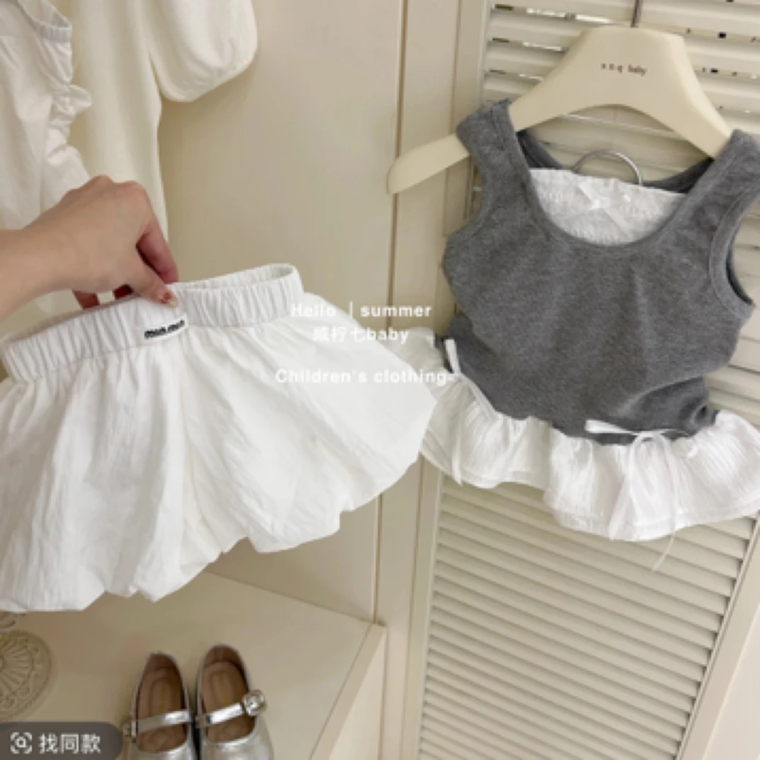 女童套装2025夏季新款儿童花边拼接背心花苞短裤两件套