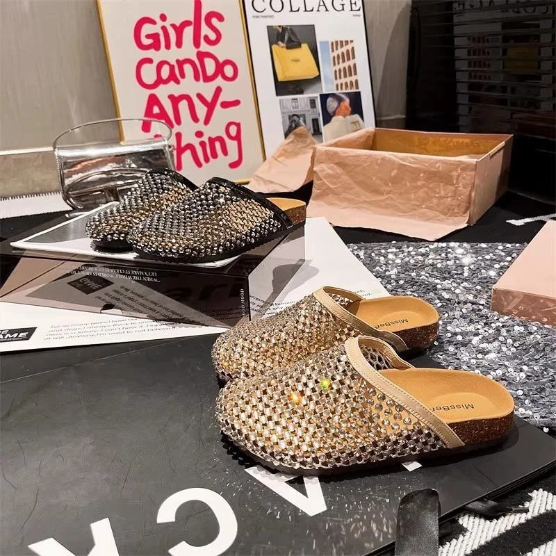 2025夏季水钻满钻透气渔网镂空外穿包头半拖鞋凉鞋勃肯鞋平底女鞋