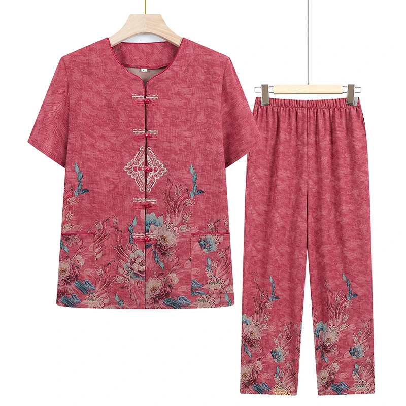 8898 妈妈装夏款洋气短袖套装中老年女装显瘦气质开衫两件套