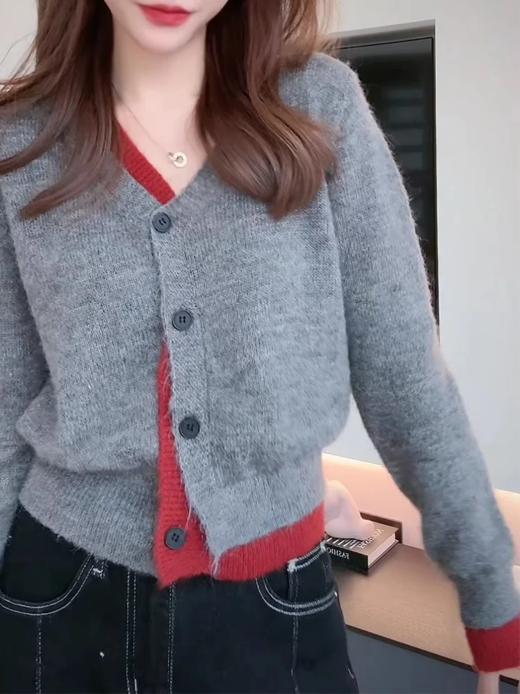 韩系假两件撞色单排扣针织衫女春秋季新款软糯亲肤短款毛衣 3517