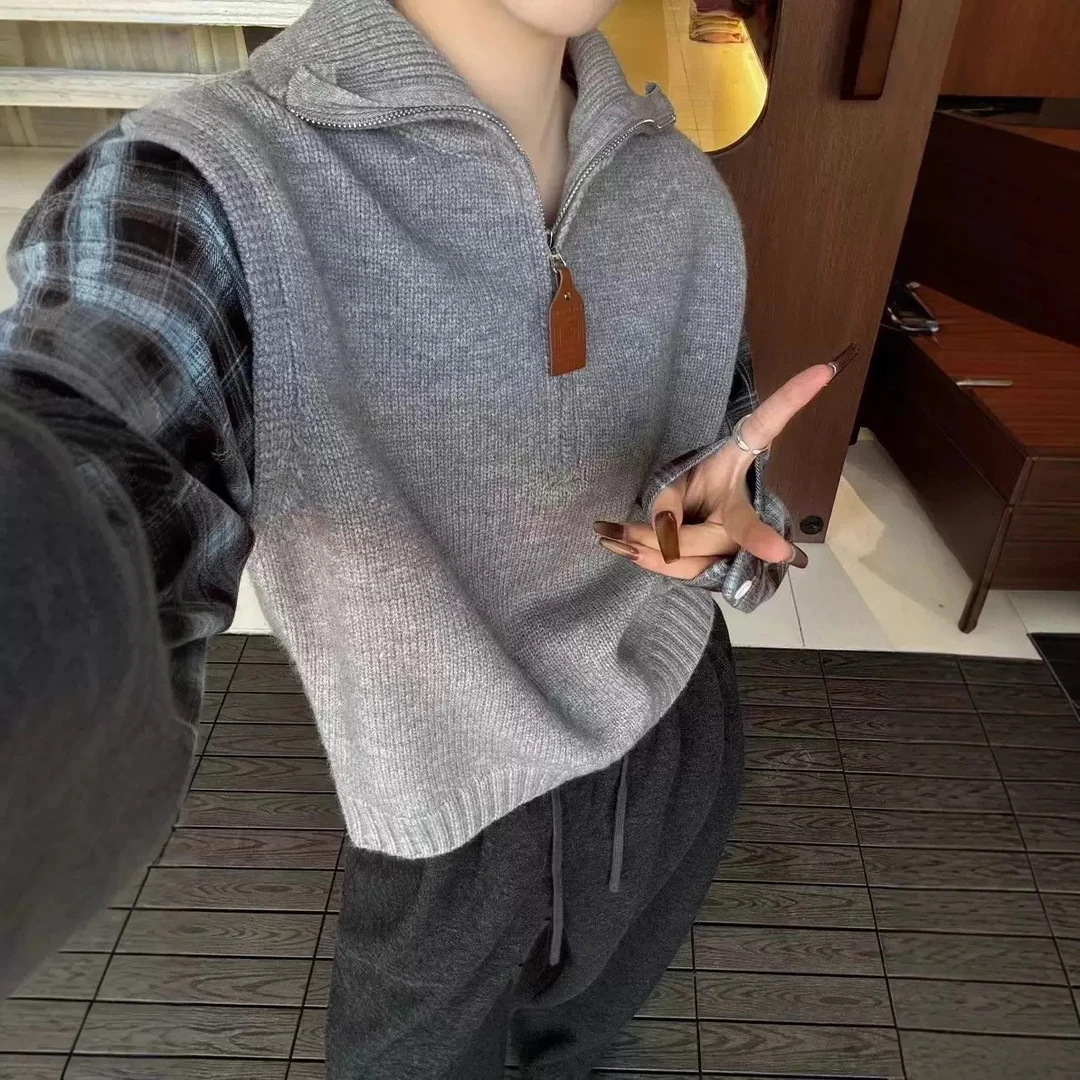 毛衣衬衫拼接半拉链格子衬衫