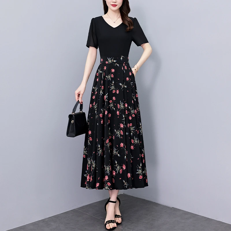 2025夏季新款高档印花雪纺连衣裙长款大码胖mm收腰显瘦遮肚子长裙