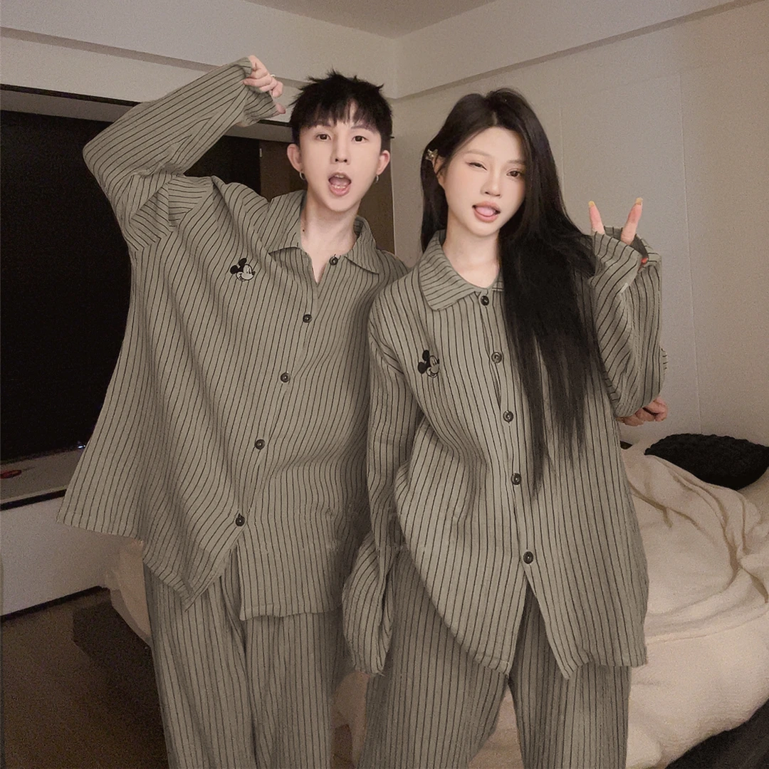 情侣睡衣春秋季新款韩版长袖长裤宽松卡通男士大码条纹家居服4097