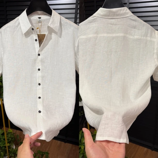 8155短袖麻料衬衫领时尚穿搭夏季透气纯色简约青春潮流百搭款衬衫