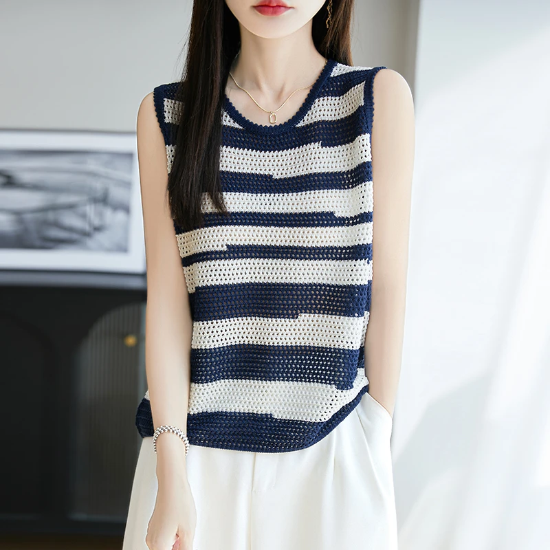 夏季新款天丝亚麻针织吊带背心女圆领条纹镂空宽松无袖上衣打底薄