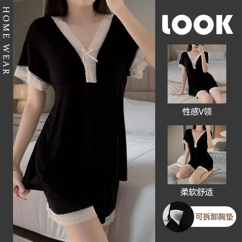 2025新款短袖短裤睡衣女薄款莫代尔冰丝带胸垫夏天黑色家居服套装