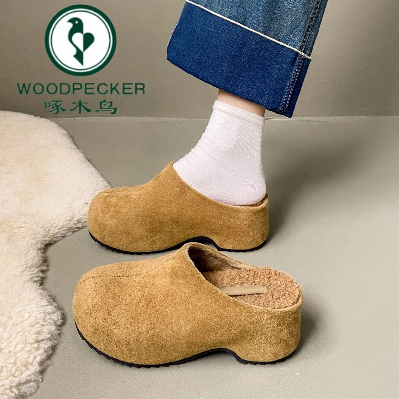 啄木鸟厚底增高加绒勃肯鞋女2025秋冬新款一脚蹬包头半拖鞋穆勒鞋