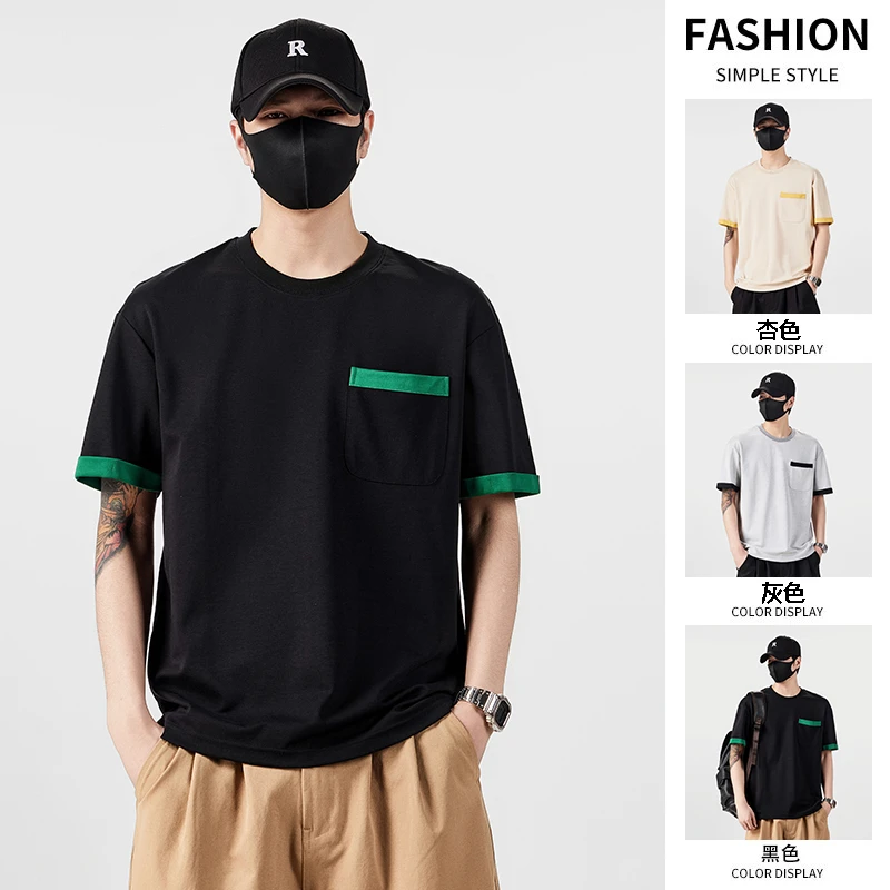 男装美式复古短袖T恤2025夏季高级新款圆领休闲宽松撞色上衣