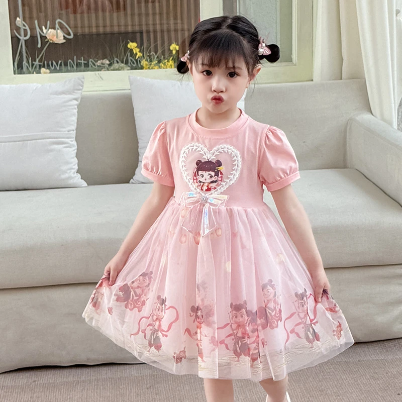 L111女童卡通甜美公主裙夏季短袖洋气网纱连衣裙宝宝裙子女宝