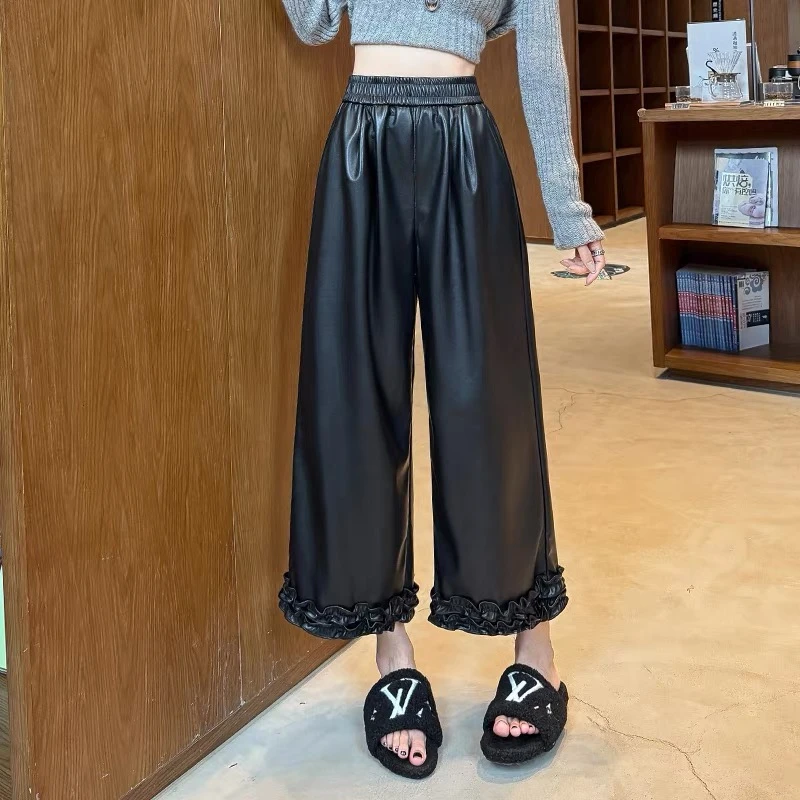 百搭阔腿裤休闲裤韩版休闲外穿时尚洋气花边皮裤女3