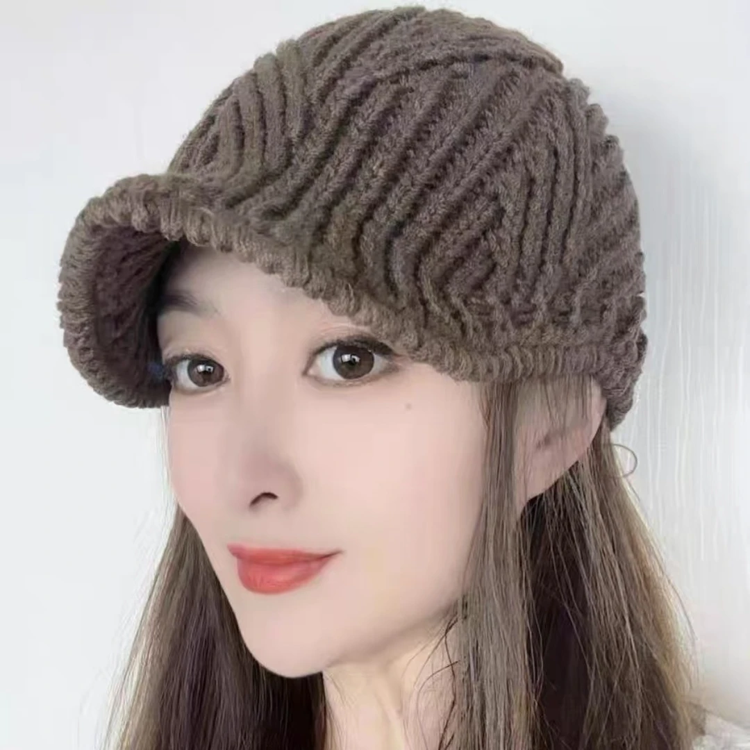 2025针织百搭宽松时尚女士韩版秋冬鸭舌帽遮白发手工针织保暖帽子