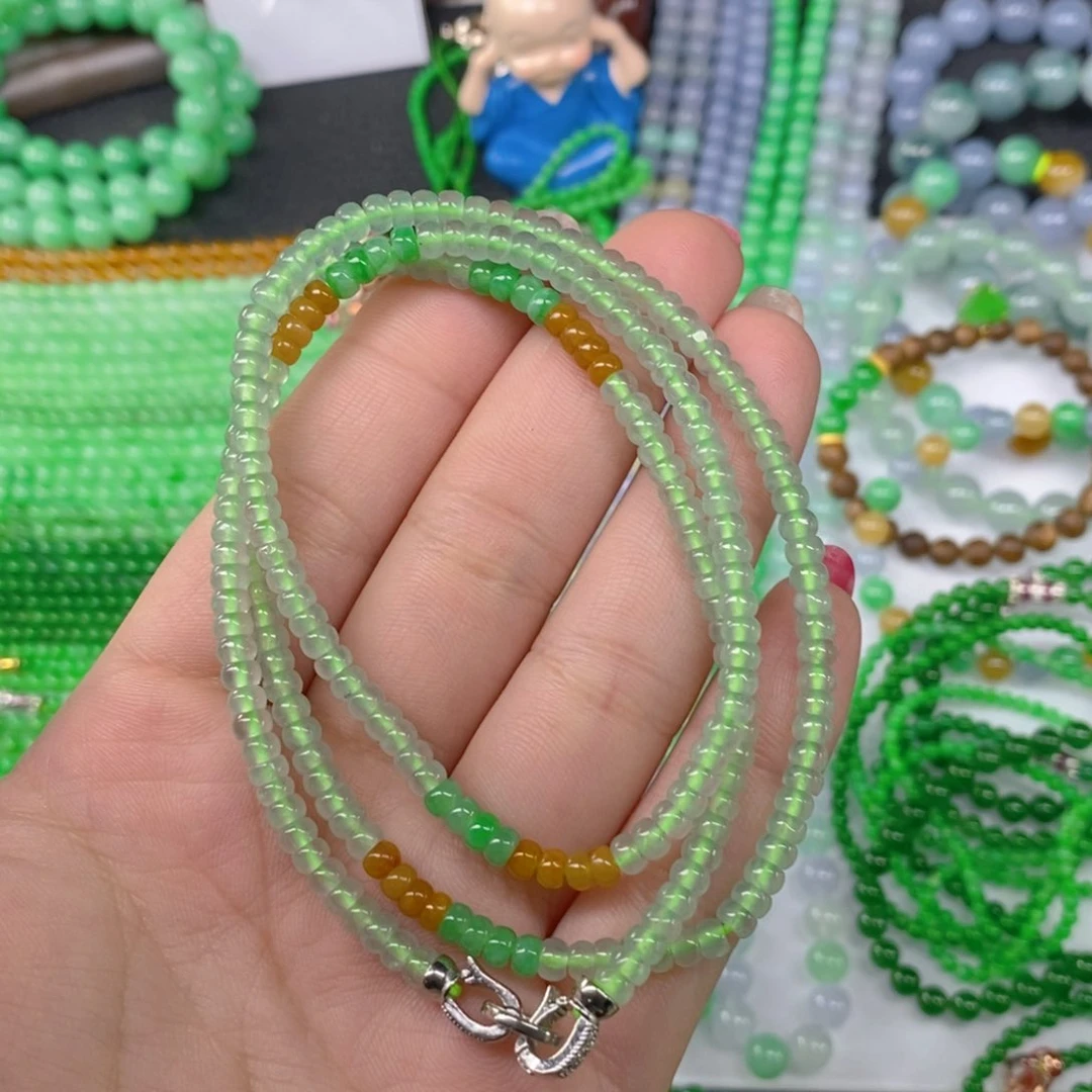 颈饰未镶嵌翡翠缅甸天然翡翠冰种三彩算盘珠项链4
