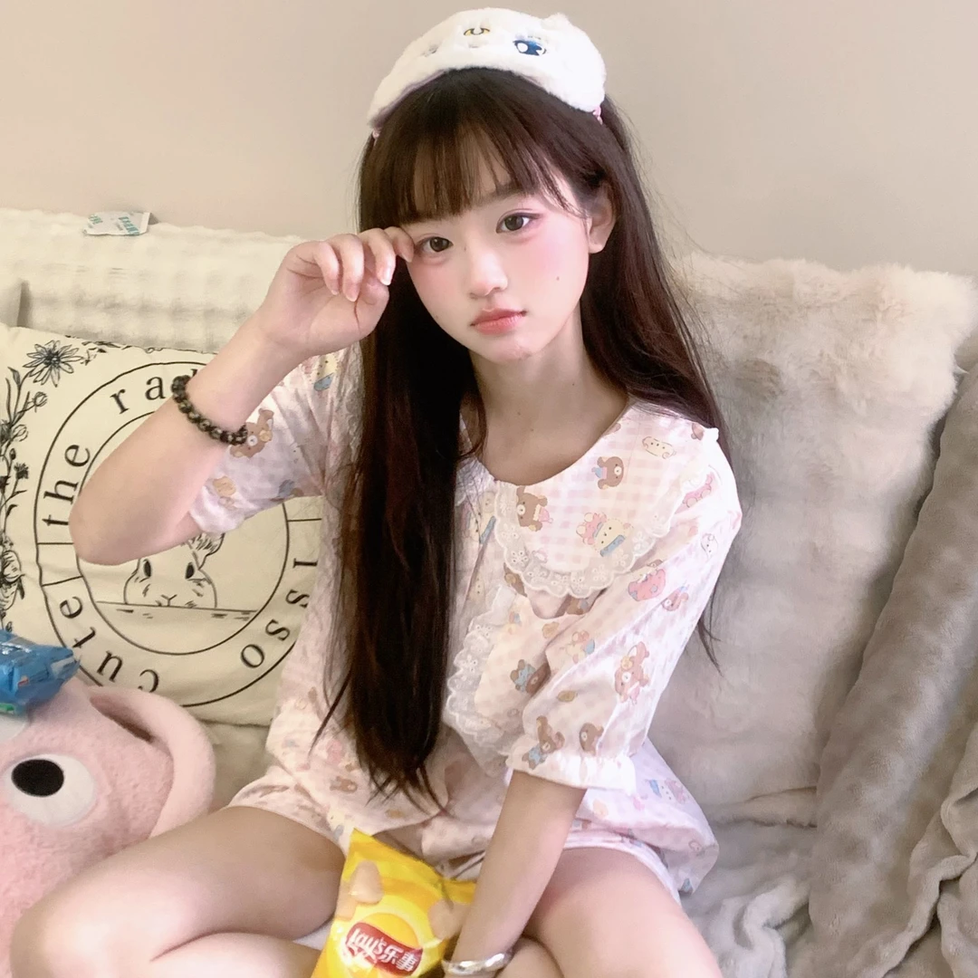 可爱轻松熊睡衣女夏季新款短袖短裤花边套装甜美荷叶边家居服外穿