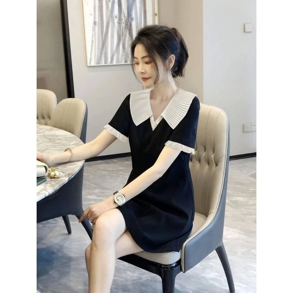 6360 娃娃v领黑色连衣裙女气质高级感法式a字裙子夏季新款欧