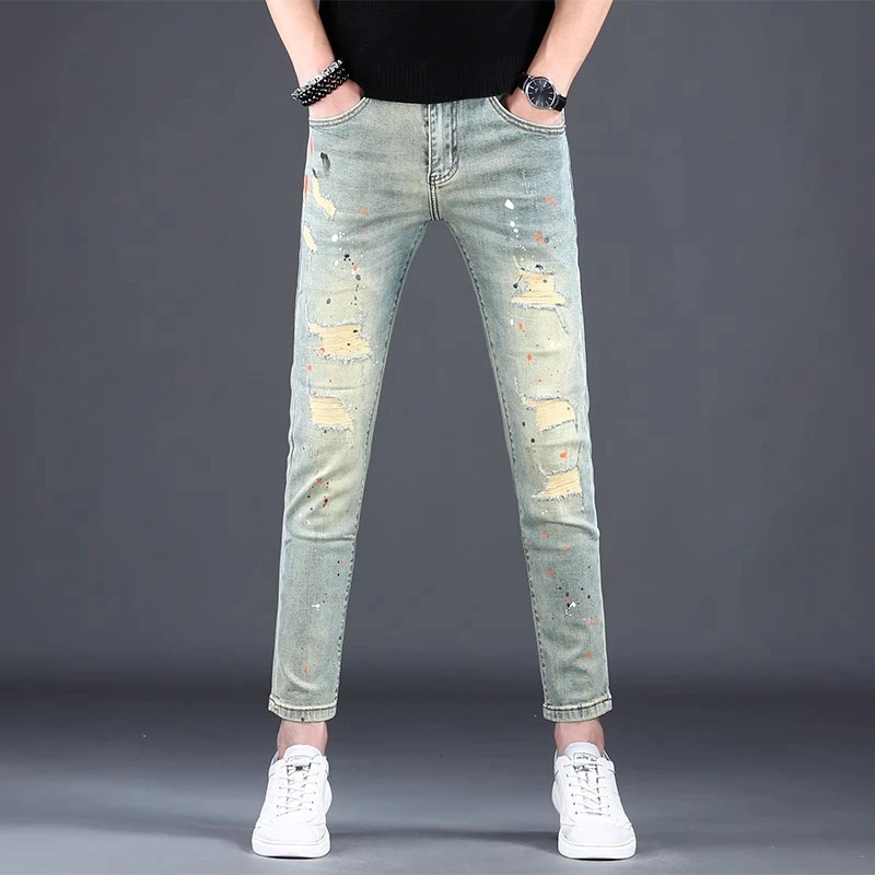 破洞牛仔裤男款春夏季新款潮牌喷漆复古修身补丁弹力休闲九分裤