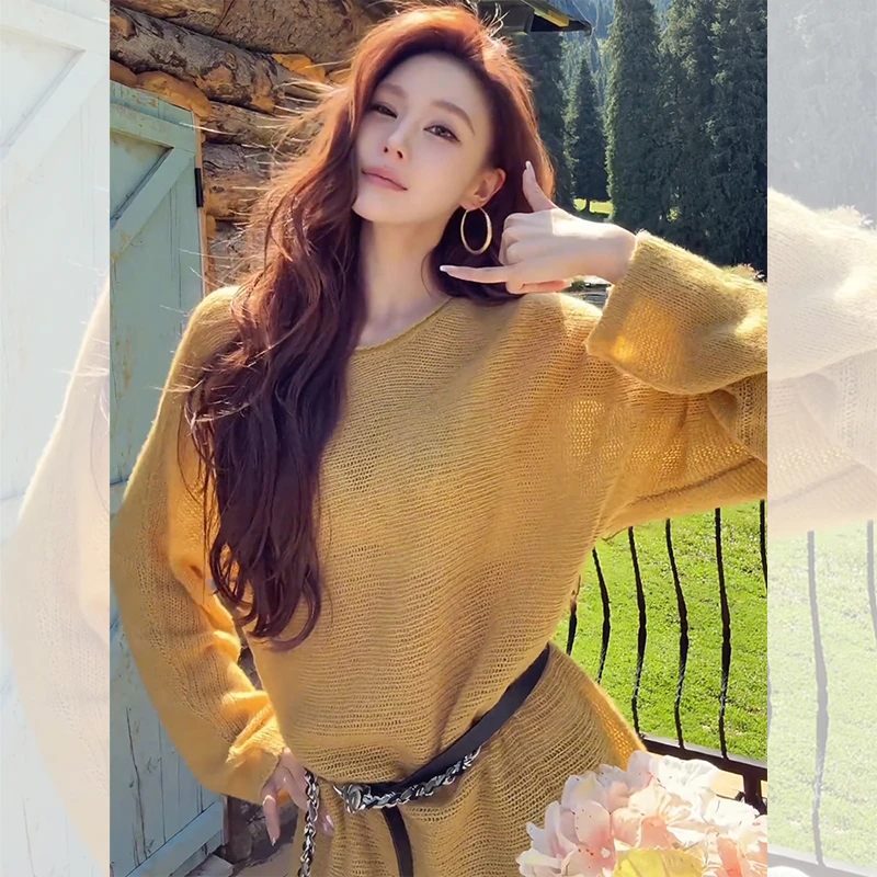 韩系chic别致黄色套头毛衣针织衫女早秋小个子穿搭宽松慵懒风上衣
