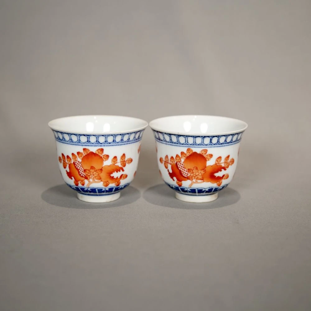 清光绪青花矾红三多纹杯一对A6-272