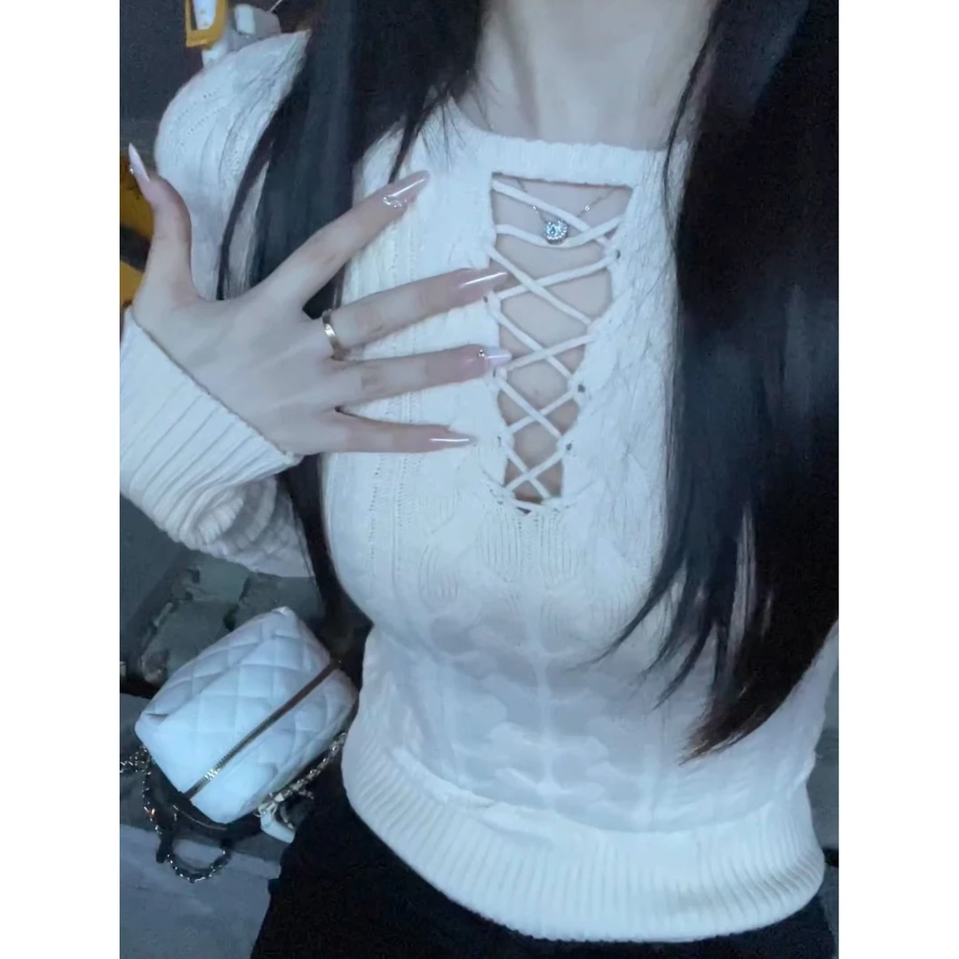 韩系内搭纯欲麻花长袖毛衣女秋季内搭超好看小心机镂空针织衫上衣