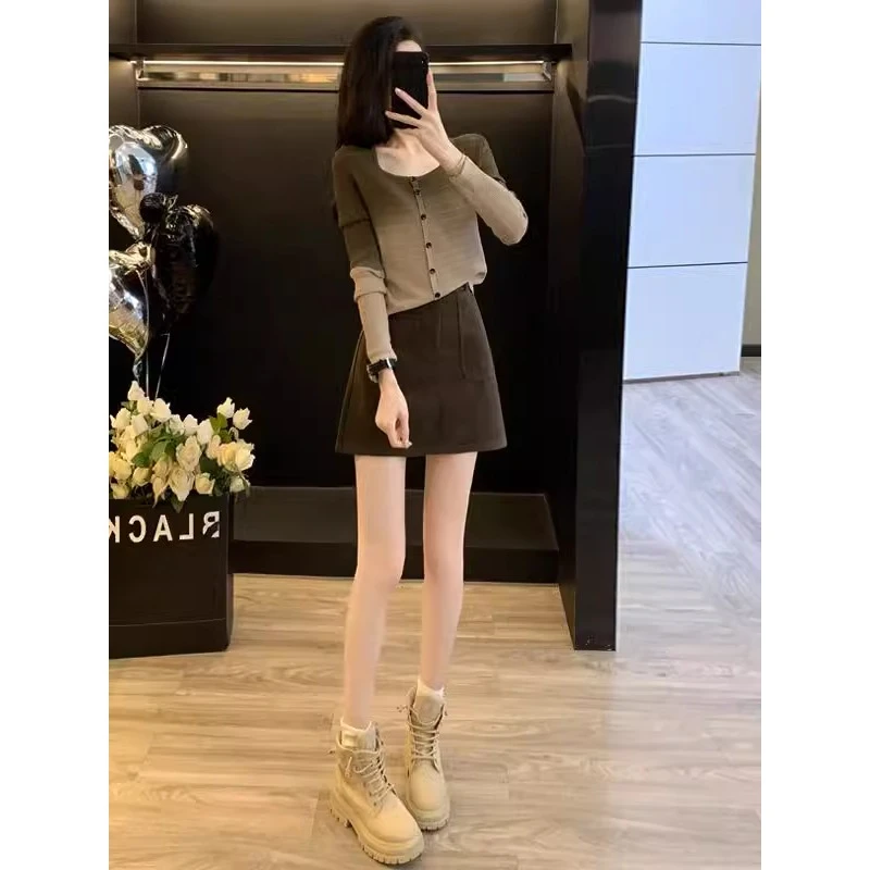 气质洋气时尚套裙女2025秋季拼色渐变针织开衫上衣半身短裙两件套