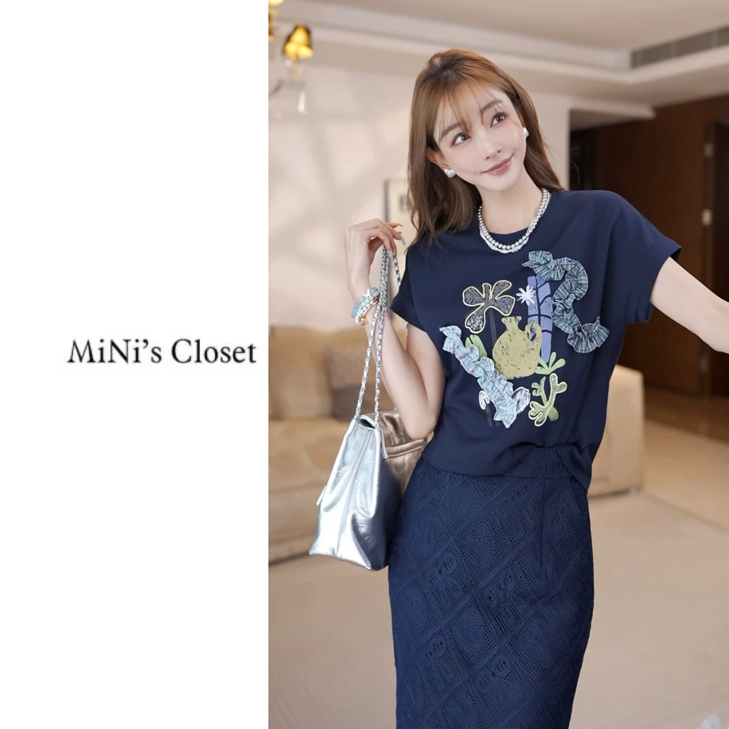 【MiNi推荐】2025夏季新款女装撞色创意印花宽松圆领短袖上衣JE2221
