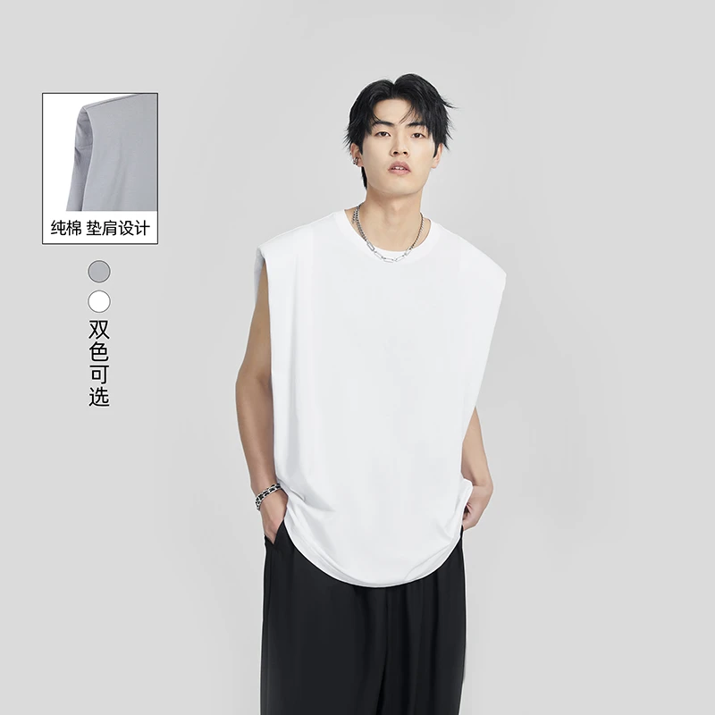 HERBEL/黑白2025夏季男生高档纯色背心坎肩宽松纯棉T恤0061