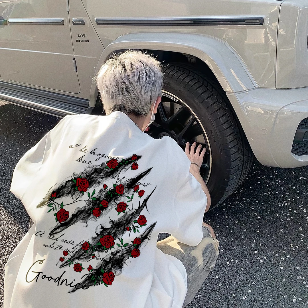 美式高街玫瑰花抓痕印花纯棉短袖t恤男女同款高级设计感百搭上衣