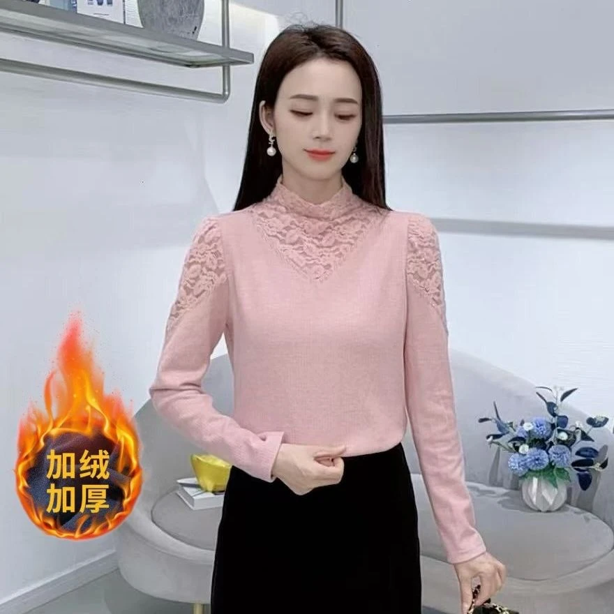 [有运费险]洋气新款冬季加绒保暖时尚洋气百搭减龄蕾丝拼接上衣