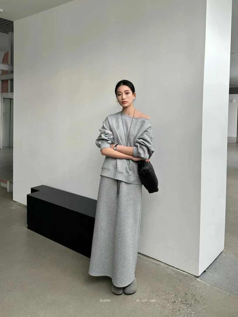 漏肩灰色卫衣套装时尚休闲