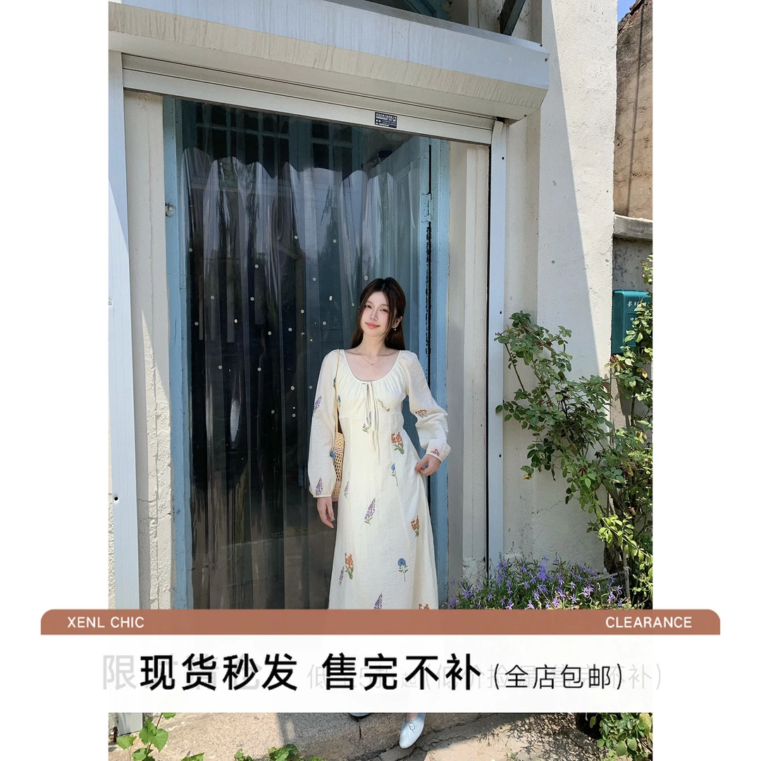 清仓陳文文【云溪梦】新款重工刺绣圆领绑带收腰显瘦连衣裙长裙0151