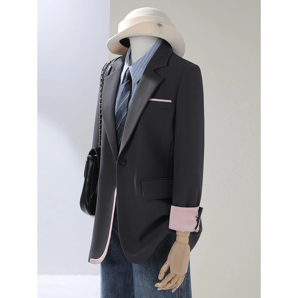 灰色西装外套女2025新款春秋气质高级设计感撞色拼接休闲西服上衣