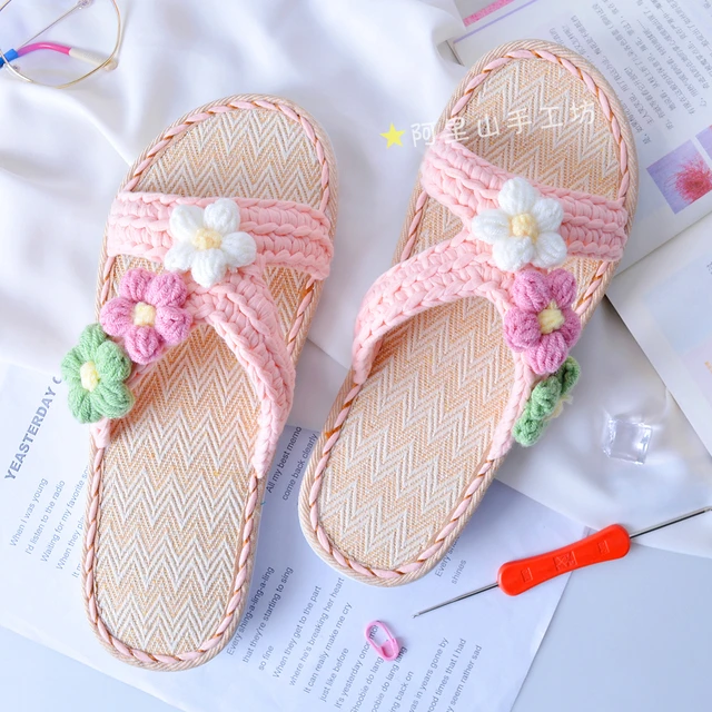 手工钩织夏季清新小花亚麻凉拖鞋布条线diy小泡芙女沙滩鞋材料包