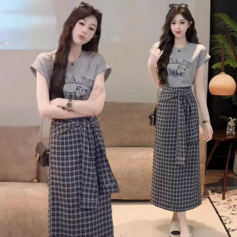 时尚休闲套装裙女2025夏季新款宽松显瘦短袖T恤格子半身裙两件套