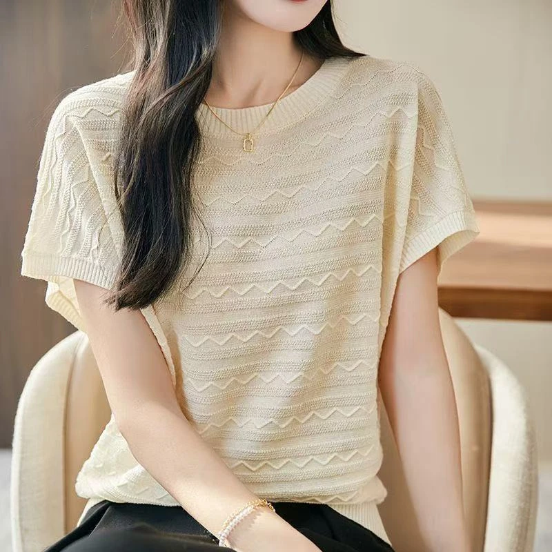 夏季新款高档时尚女圆领宽松短袖外穿洋气薄款针织T恤撒野背心潮
