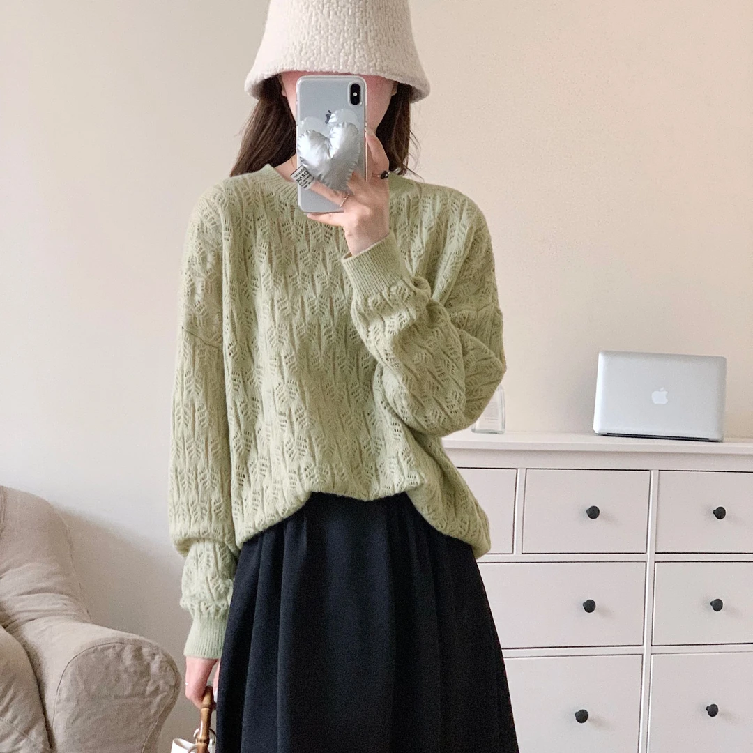 常规袖镂空纯色衫秋季网红慵懒风韩版春秋长袖设计感外穿WH-23595