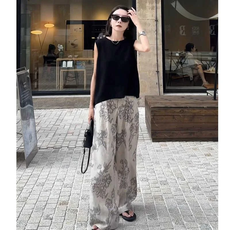 淳启夏装一整套装时尚简约无袖背心T恤女高腰洋气印花休闲阔腿裤