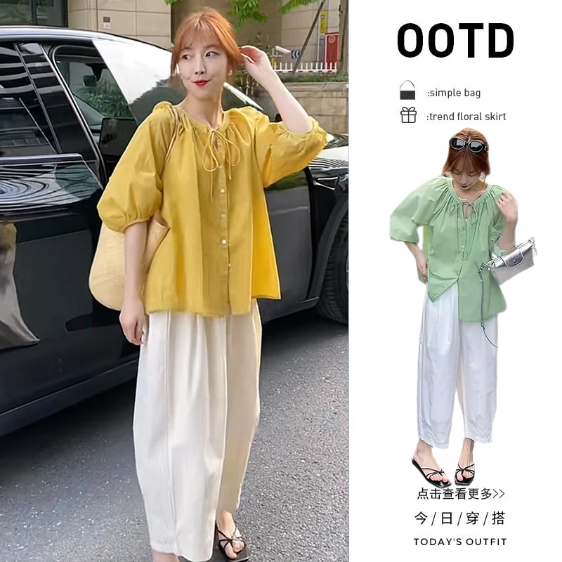 初夏穿搭一整套女装2025新款韩版系带短袖衬衫百搭休闲裤两件套