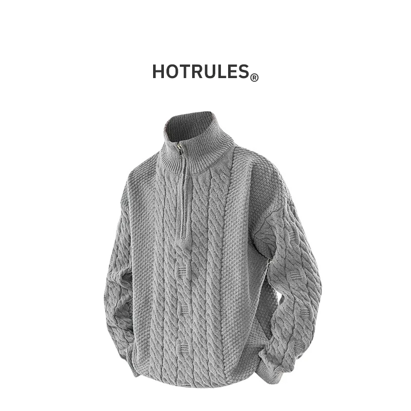 HOTRULES/热规则冬季休闲半高领拉链打底毛衣男宽松百搭针织衫