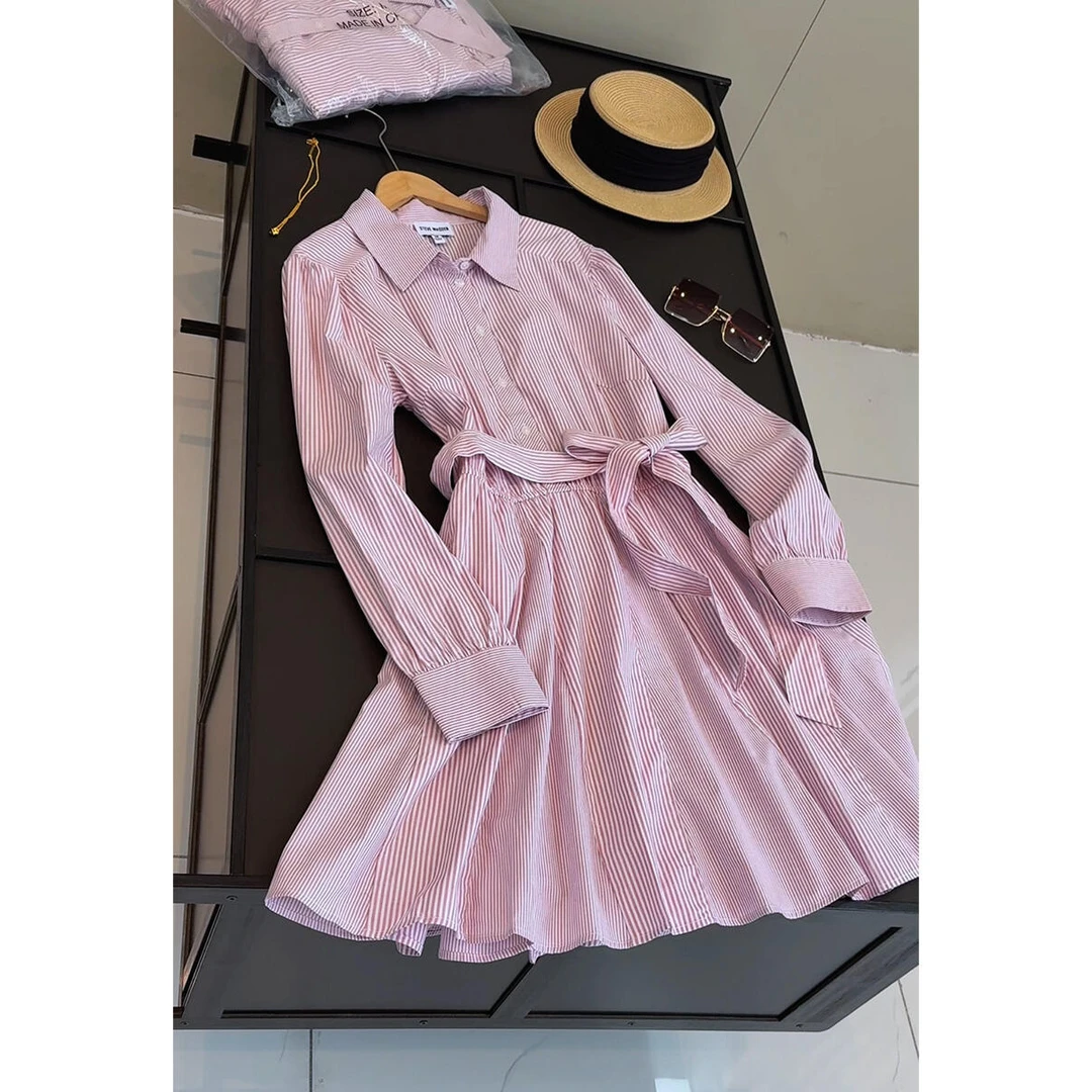 25年夏新款女装腰带时尚气质翻领长袖条纹收腰减龄连衣裙