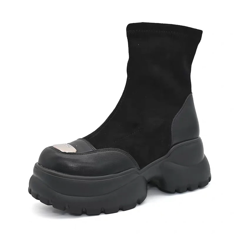 冬季新款1101时尚休闲风高跟粗跟圆头舒适弹力瘦瘦靴短靴24D