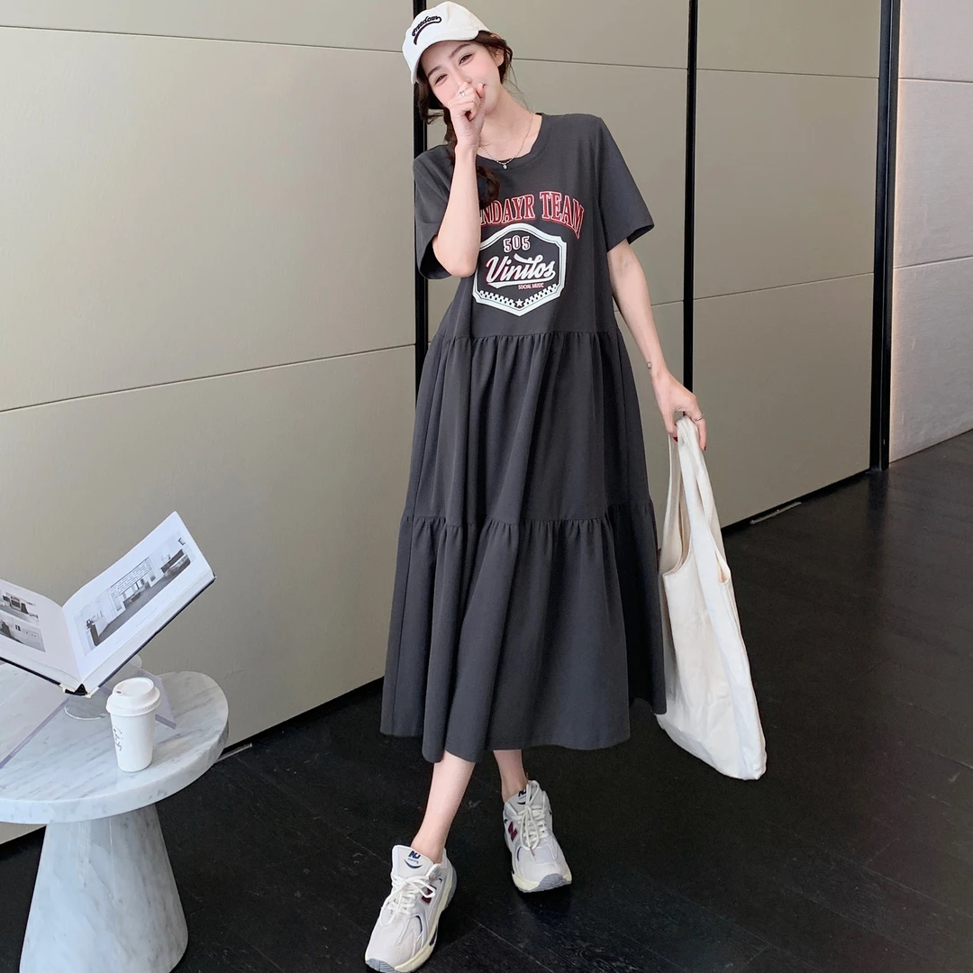 2025夏新款/大码宽松遮肚T恤连衣裙女胖mm休闲长裙